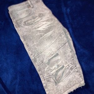 Encrypted Rip & Repaired Grey Wash Denim Shorts